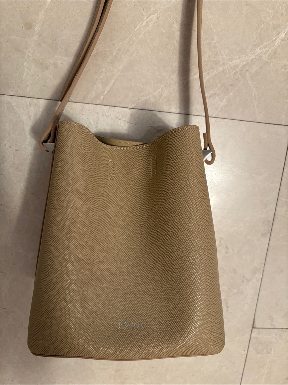Prune Tan Leather Crossbody Bucket Bag